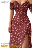 Znbbw New Summer Elegant Casual Floral Print Off Shoulder Split Dress Women Short Sleeve Slim Midi Dress for Club Party Holiday