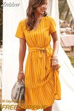 Znbbw Dresses Women 2023 Elegant V-neck Casual A-Line Midi Dress Vintage Pink Yellow Striped Sashes Lace-up Sundress Veatidos