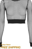 Znbbw Black Hollow Out Mesh T-Shirt Female Skinny Crop Top 2023 New Fashion Summer Basic Tops For Women Fishnet Shirt