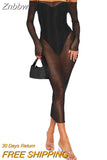 Znbbw See-Through Black Mesh Sheer Cover-ups Bodycon Dress Women Sexy Off-Shoulder Long Sleeve Midi Club Dress Streetwear