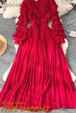 Znbbw Women Autumn Winter Dress New Style Agaric Ruffle V-neck Pleated Cake Sleeve Waist Closing A-line Pleated Long Dress D2155