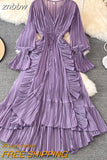 znbbw Autumn New Holiday Style Ankle Length Long Dresses Women Sexy V Neck Puff Sleeve Lace Elegant Evening Party Summer Dress
