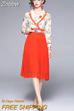 Znbbw Fashion Spring Autumn Floral Print Hit Color High Waist Women Pleated Dress Chic Notched Collar Midi A Line Vestidos