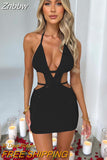 Znbbw Hollow Out Halter Sexy Mini Dress Women Summer New Sleeveless Backless Skinny Club Party Knit Tank Dress Vestido