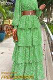znbbw Women Floral Printed Lantern Long Sleeve Sundress Female Vintage Cake Loose Beach Dress Elegant Cascading Ruffles Cover-Ups