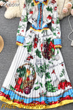 Znbbw Vintage Contrast Color Printed Long Party Dresses for Women 2023 Runway Elegant Turn Down Neck Long Sleeve Pleated Dress