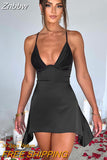 Znbbw Satin Spaghetti Strap Sexy Mini Dress Women Robe Summer New Deep V Neck Sleeveless backless Club Party Dress Vestido