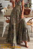 Znbbw Women Floral Print Elegant Dress Summer Casual V-neck Pleated Vintage Bohemian Long Dresses Female Big Swing Holiday Maxi Dress
