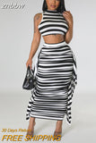 znbbw Summer Balck White Stripe 2 Two Piece Outfit Set For Women 2023 Bodycon Maxi Skirts Sets Casual Vacation Long Skirts