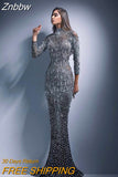 Znbbw Women Elegant Sequin Full Sleeve Bronzing Slim Long Dress Lady Luxury Evening Bodycon Sexy Gown 2023 New Formal Prom Clothing