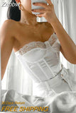 Znbbw Lace Trim White Satin Strapless Sexy Corset Crop Top Women Zipper Back Tight Bustier Clubwear Party Female Slim Tops