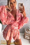 znbbw Deep V Neck Jumpsuit For Women Summer Casual Boho Beach Vacation Outfit Female Fashion Print Lantern Sleeve Rompers Shorts