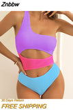 Znbbw Shoulder Women One Piece Swimsuit 2023 ColorBlock Sexy Ribbed Female Swimwear High Waist Swimming Suit Monokini Bathing Suit