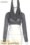 znbbw Spring Sexy Solid Pullover Hoodies Club Outfit For Women 2023 Long Sleeve Hooded Crop Top Female Black Knit Hoodies