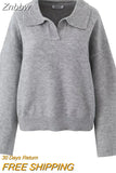 Znbbw TRAF Women Large Turn-Down Collar Knitted Sweater Slit Cuffs Autumn Winter Ladies V-Neck Loose Knitted Sweater Tops