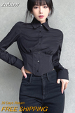 znbbw 2023 Autumn Y2K Sexy Long Sleeve Folds Women Shirt Street Gothic Button Ladies Crop Top Club Female Clothing Blouse Tops