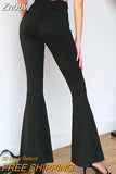 Znbbw Black Solid High Waist Skinny Flare Pants Women 2023 Ruched Back Slim Fit Femme Spring Stretchy Trousers