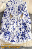 Znbbw Casual Patchwork Ruffles Sashes Slim Mini Dress Female Stand Collar Lantern Sleeve High Waist Blue Floral Dress N3980