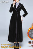 Znbbw Winter Runway Designer Women Vintage Notched Collar Wrap Black Velvet Maxi Coat Thick Warm Long Trench Coat Outwear