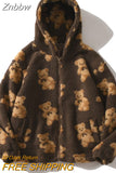 Znbbw Men Cartoon Bear Lamb Wool Hooded Coat Casual Oversized Zip Up Sweatshirt Tops 2023 Winter Men Hoodie Jacket Cute Korean Outwear