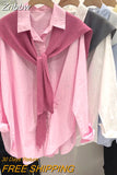 Znbbw Women Fake Two-piece Shirt KPOP Fashion Style Oversize Casual Shirts Lapel Buttons Asymmetrical Solid Long Sleeve Blouse