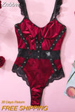 Znbbw Velvet Bodysuit Lace Patchwork Luxury Women's Body One-Piece Crotchless Teddy Fitness Ruffle Sexy Sissy Winter Tops