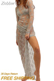 Znbbw Women’s See-Through Lace Dress Long Sleeve Slit Hem Dress Chemise Vacation sexy robe nightclub girls tight clothes