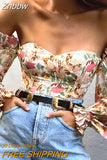 Znbbw Chic Women Floral Off Shoulder Blouse Tops Sexy Frill Long Lantern Sleeve Strapless Corset Tops Fashion Slim Fit Tops