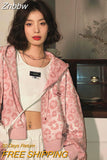 Znbbw Preppy Style Pink Sweatshirts Leopard Print Y2K Harajuku Oversized Hoodies Women Vintage Zipper Cropped Top Cute Jacket