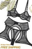 Znbbw Fishnet Lingerie Transparent Sensual Exotic Sets See Through Bra Kit Push Up 3-Piece Sissy Garter Belt Black Intimate