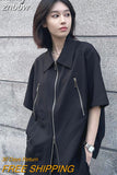 znbbw 2023 Summer Streetwear Short Sleeve Woman Black Shirt Oversize Y2K Zipper Up Woman Tunic Blouse Female Clothing Top