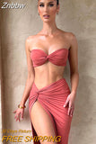 Znbbw Elegant Strapless Sexy Two Piece Set Women Sleeveless Crop Top And High Split Skirt Matching Sets Party Dress Sets