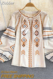 Znbbw Women Spring Autumn Blous Retro Loose Ethnic Style Embroidery Thin Lantern Sleeve Doll Top Female Pullover Shirt D3061