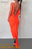 Znbbw Ruffles Backless Maxi Dress Women Elegant Fashion Orange Bodycon Evening Party Dress Sexy Strap Ruched Party Club Outfit