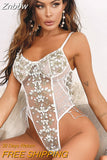 Znbbw Floral Embroidery Bodysuit Women Lace Up Bandage Bodies Sexy Sleeveless Bodycon Transparent Lingerie Mesh Bodysuits Top