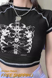 znbbw Short Sleeve Tee Girl Skull Print Vintage Graphic Clothes Crop Top Women T-Shirt Fashion Casual Summer Streetwear Slim 2023