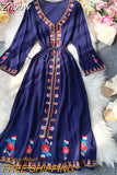 Znbbw Winter Women Dress Vacation Beach Sunscreen Long Dress Bohemian Ethnic Retro Embroidered Dress with Flared Sleeves D1821