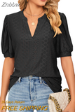 Znbbw Solid Lace Woman Shirt Elegant Hollow Puff Short Sleeve Pullover Blouse Women Casual V-neck Loose Lady Tops Blusas 24698