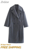 Znbbw TRAF Women 2023 Winter Gray Thick Woolen Coats With Button Loose Long Sleeves Pocket Ladies Elegant OverCoat 202310