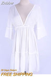 Znbbw Sexy V-Neck Summer Beach Dress White Tunic Women Beachwear Bikini Cover-ups Sarong Plage Bathing Suit Cover Up