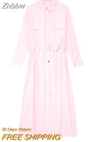 Znbbw TRAF Pink Shirt Dress Woman Belt Long Dress Women Midi Summer Dresses Woman 2023 Elegant Women Dresses