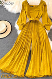 Znbbw Women 2023 spring French Elegant Waist Thin High Waist Square Collar Wide Leg Pleated Fashion Wide Leg Jumpsuit female D0716