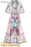 Znbbw Fashion Designer Runway Crystal Beading Summer Dress Women's Notched Collar Floral Print Single Breasted Long Vestidos