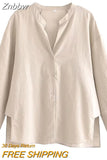 Znbbw TRAF Women Solid Side Split Linen Shirt Women Female Long Sleeve Kimono Smock Blouses Women Chic Tops