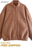 Znbbw TRAF 2023 Women Oversized Bomber Jackets Coat Pockets Vintage Stand Neck Long Sleeves Female Chic Outwears