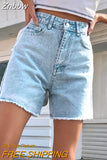 Znbbw High Waist Frayed Hem Solid Denim Shorts Women Summer Streetwear 2023 Zipper Fly Pockets Fashion White Jean Shorts