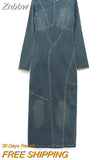 Znbbw TRAF Women Denim Dress Back With Zipper Spring Elegant Dresses For Women Round Neck Dress