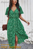 Znbbw Dress Women 2023 New V Neck Button Vintage Floral Printed Bohemian Maxi Dresses Woman Casual Beach Holiday Dress Vestido