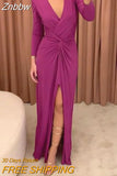 Znbbw Women Maxi Dress Summer Fashion Solid V Neck Slit Long Sleeve Pleated Nipped Waist Slim Sexy Evening Party Long Dresses