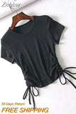 Znbbw Side Drawstring Tie Up Ruched Tank Tops Women Solid Color Slim Crop Top Ladies Streetwear Ribbed Knitted Tees